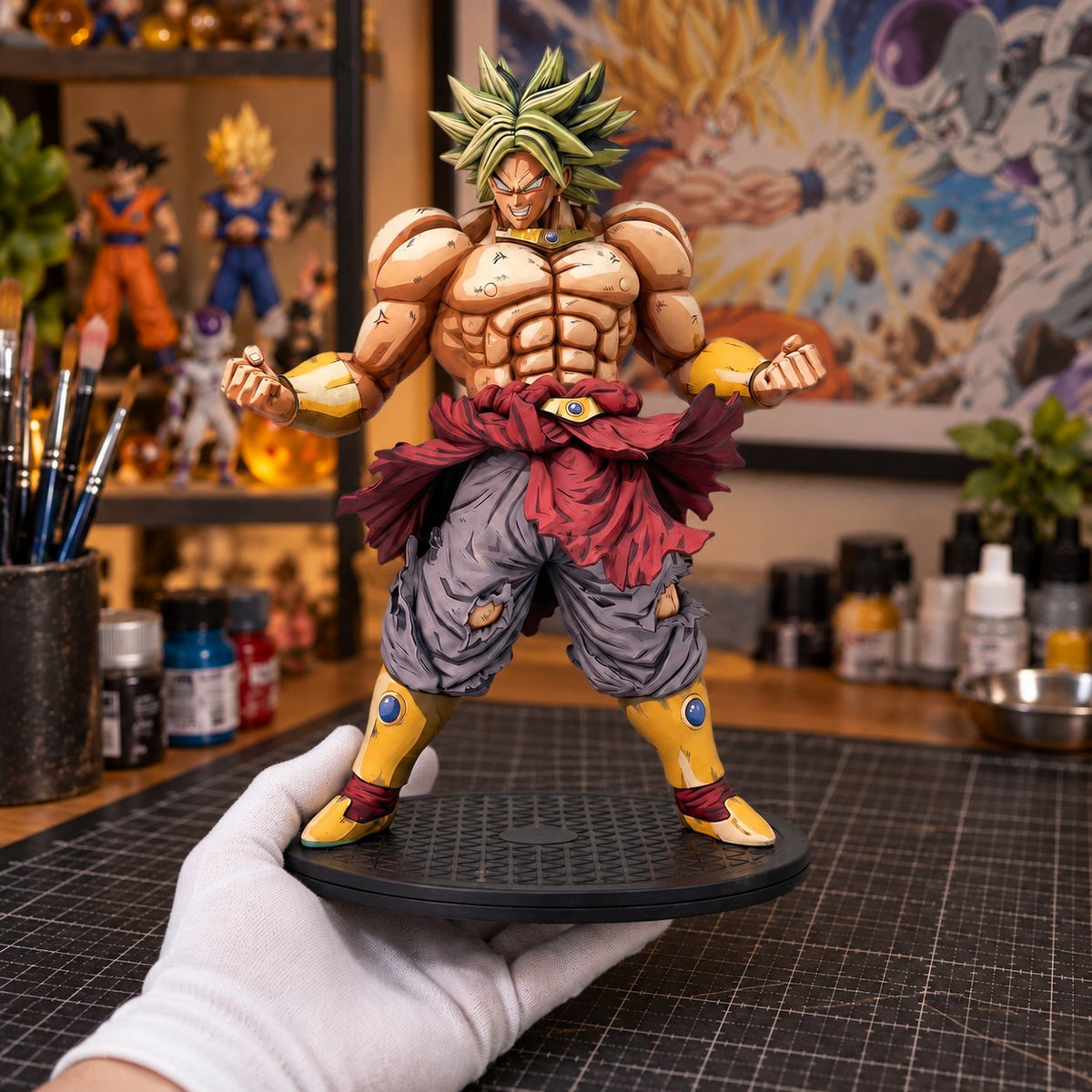 Custom Dragon Ball Super Saiyan Broly Anime Figure Repaint — painted figure in a miniature painting workshop