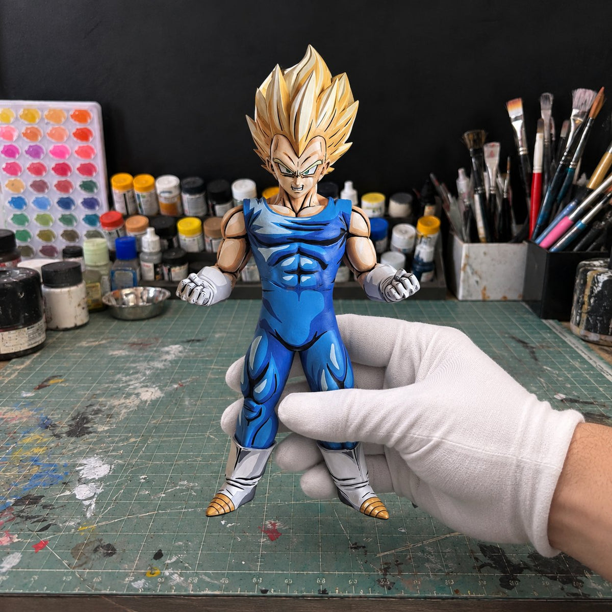 Dragon Ball Vegeta SSJ Anime 2D Figure Repaint — painted figure in a miniature painting workshop