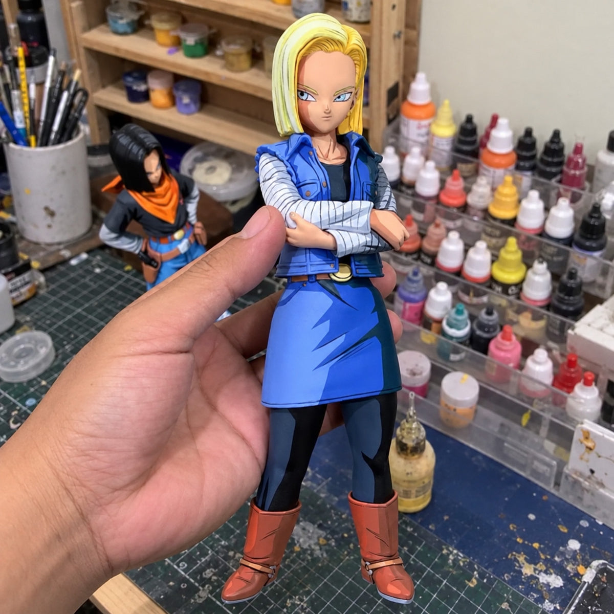 2D Style Dragon Ball Z Android 17 & 18 Figure Repaint — hand or studio view