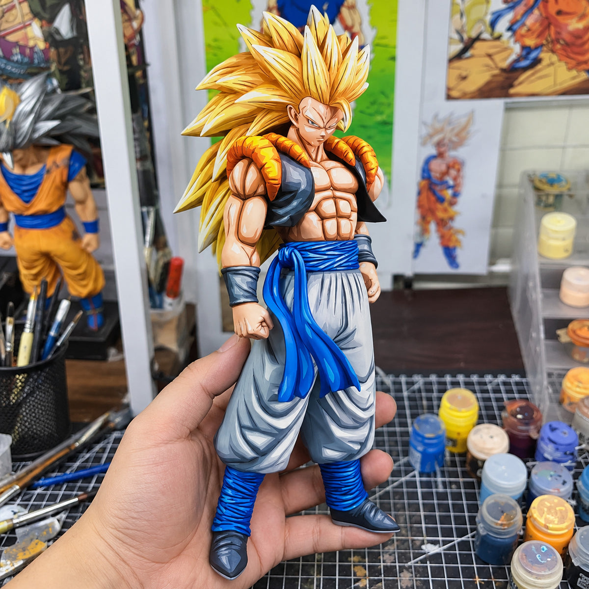 2D Comic Colour Dragon Ball Gogeta SSJ3 Figure Repaint — original painted finish in a miniature painting workshop