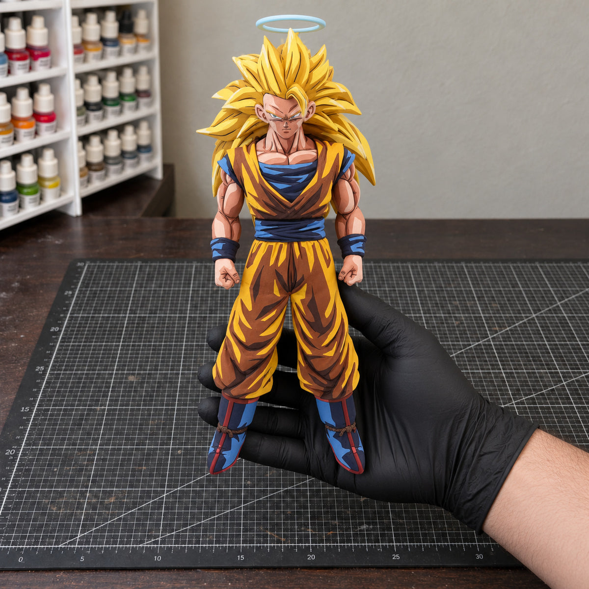 Anime Style Dragon Ball Super Saiyan 3 Son Goku Figure Repaint — 25 cm Standing Pose — workshop view