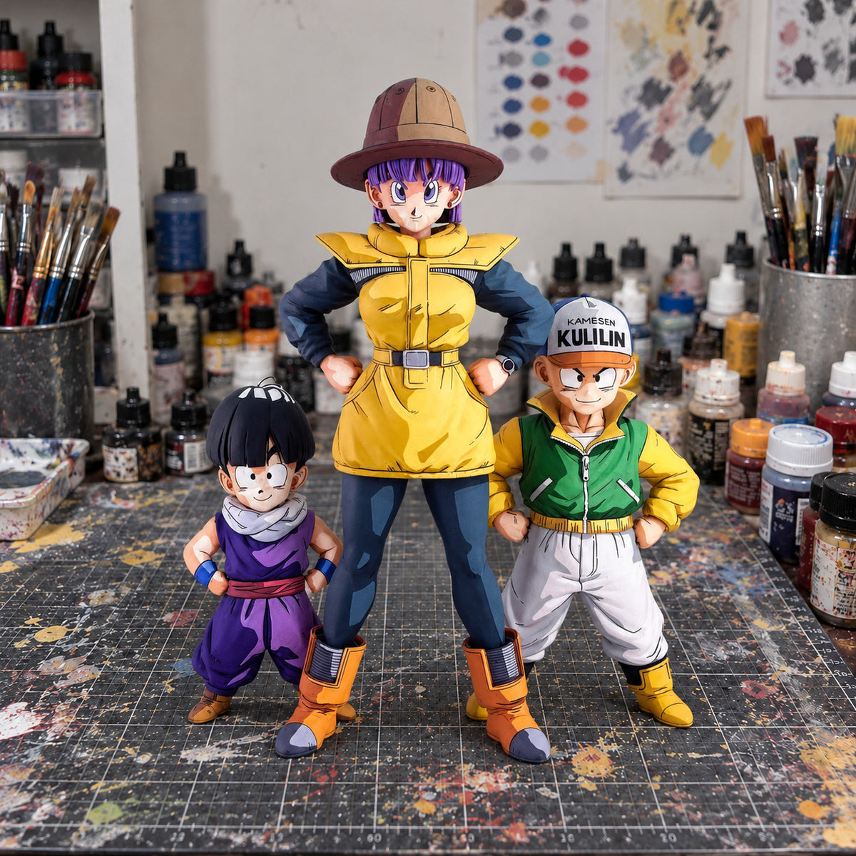 Dragon Ball Trio of Gohan, Krillin, Bulma 2D Colour Figure Repaint — workshop view