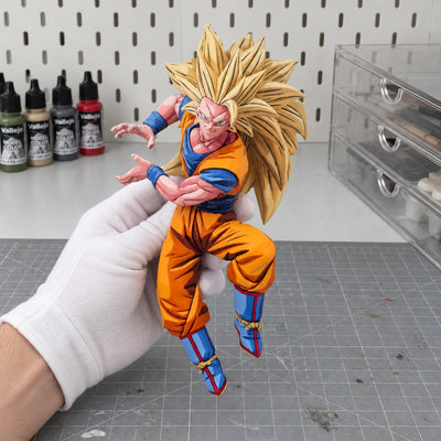 Anime Style Dragon Ball Super Saiyan 3 Son Goku Figure Repaint — 13 cm Action Pose — workshop view