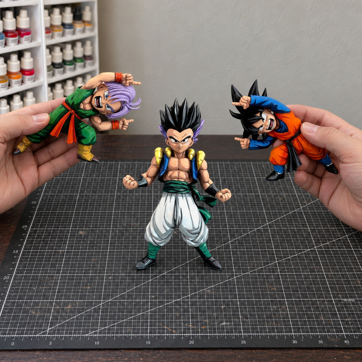 Anime Style Gotenks, Goten & Trunks Fusion Dance Figure Repaint — workshop view