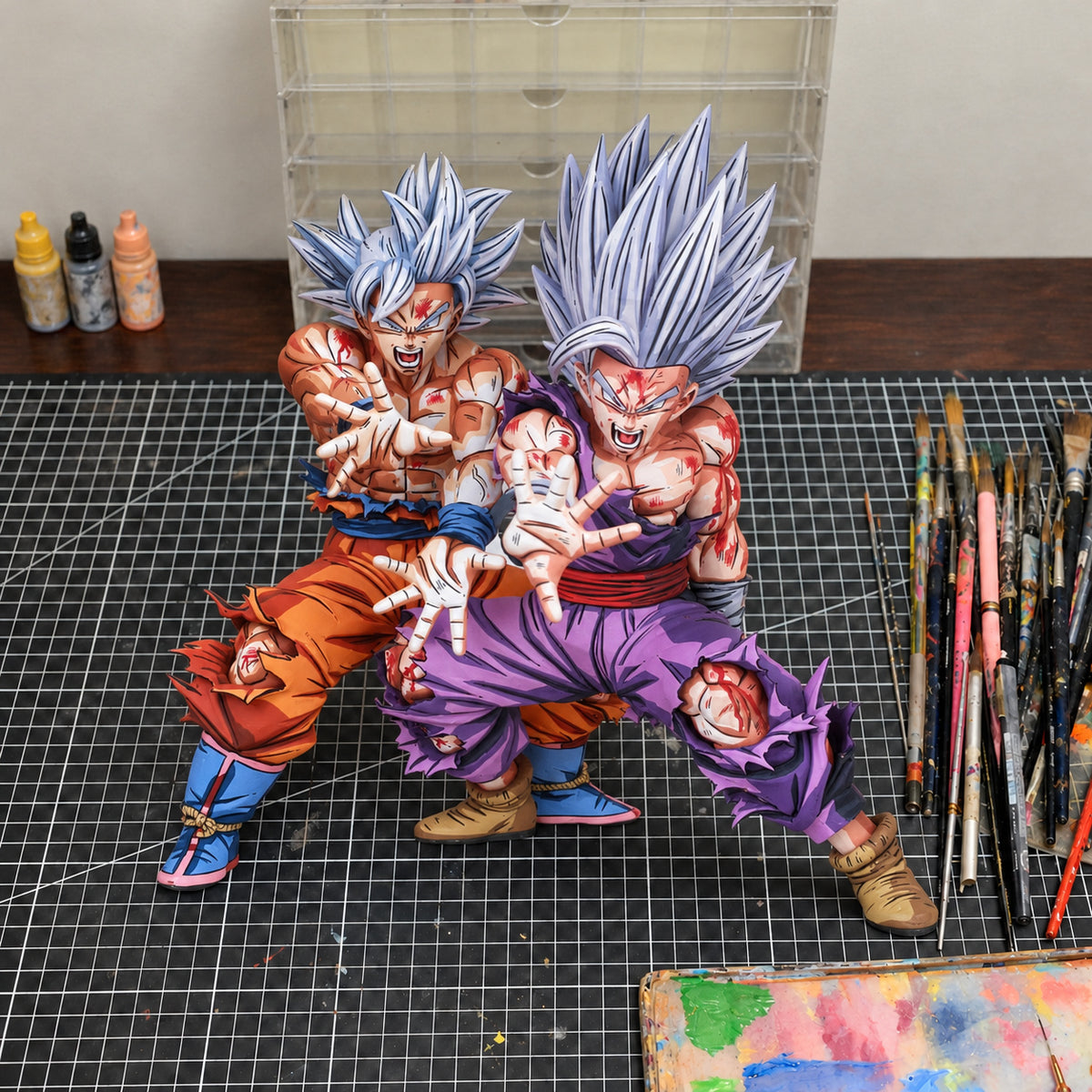 2D Painted Kamehameha Ultra Instinct Goku & Gohan Beast Figure — workshop view