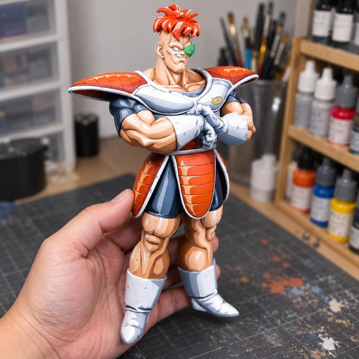 Dragon Ball Z Ginyu Force Recoome Figure Repaint — figure held in hand in a painting workshop