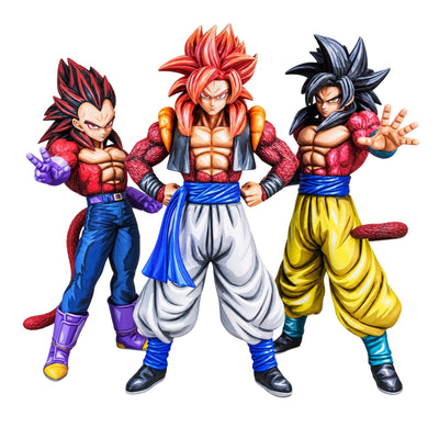 Super Saiyan 4 Goku, Vegeta and Gogeta set 2D painted collectible, three complete figures on white background
